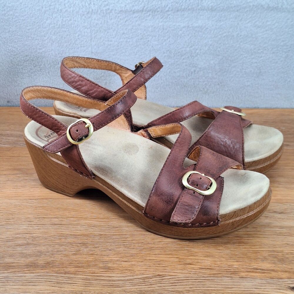 Dansko Women's 10.5 EU 41 Strappy Block Heel Sandals Brown Leather Ankle Strap